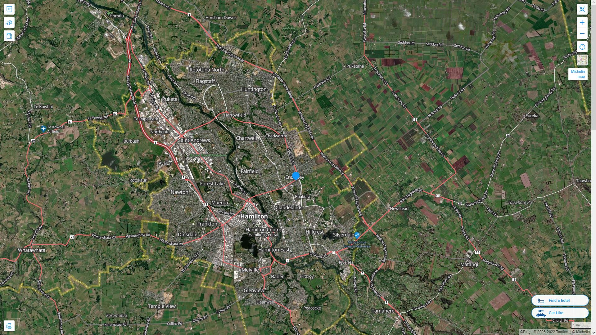 Hamilton Nouvelle Zelande Autoroute et carte routiere avec vue satellite